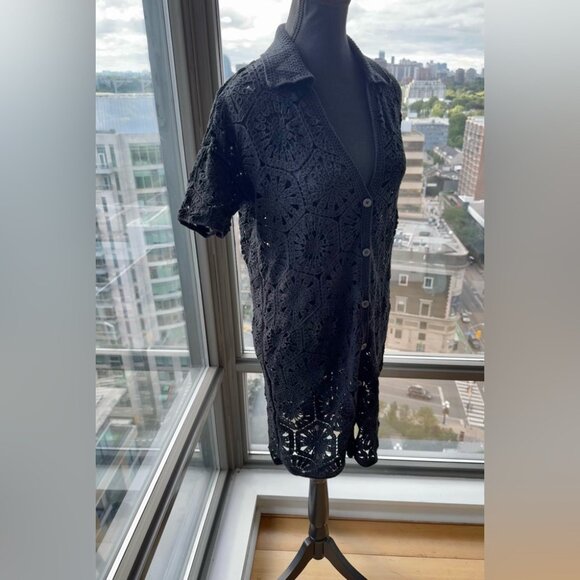 🆕 FARM Rio 🧿 NWOT Black Semisheer Floral Button-Up Crochet Cover-Up Dress, S - Picture 6 of 16